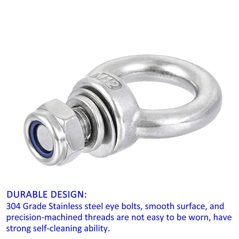 Four Piece Stainless Steel Lifting Eye Bolts M12x20mm In Silver Tone Built Beefy For Heavy Duty Hoisting And Rigging In Industrial Cranes Ports And Rail Yards 304 Grade Durable Design close-up M12 stainless steel eye bolt
