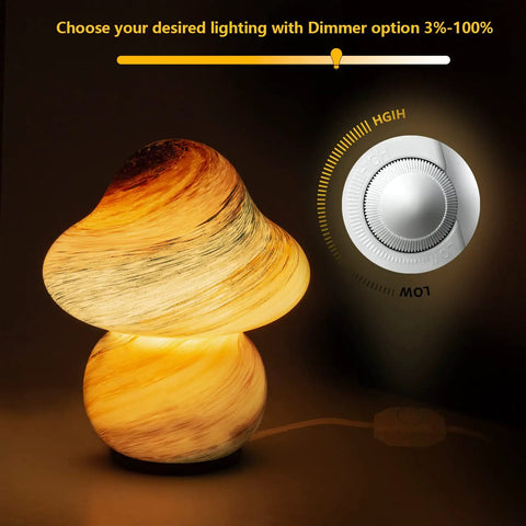 Pacifier Shaped Mushroom Lamp With Stepless Dimmable Glass Bedside Table Lamp glowing in dark, showing dimmer settings.