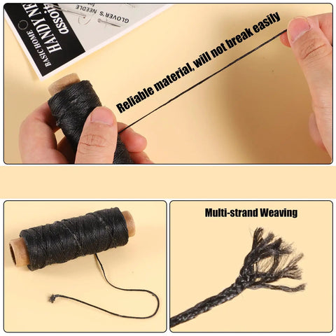 Pro Grade Waxed Leather Thread Kit With 50M Of 150D Flat Waxed Thread spool and detail of multi-strand weaving