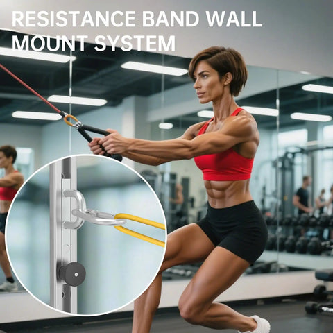 Adjustable Resistance Band Wall Anchor With Thirty Five Lockable Positions Rock Solid Metal Training Platform in use by a fit person.