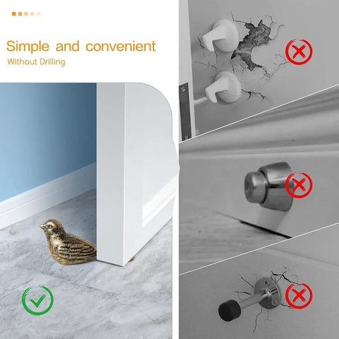 Cast Iron Bird Door Stopper Set 2 Heavy Duty No Drill Floor Door Stops with Handle Antique Bronze Finish for Office Home Bedroom and Exterior Doors Rustic Vintage Decor on floor near door