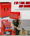 Beefed Up Rolling 5 Drawer Tool Chest With Locking Drawers, Removable Top Tool Box, Large Bottom Cabinet With Adjustable Shelf, Side Tool Rack, And Built In Locking Mechanism, Heavy Duty Metal On Wheels In Bold Red