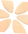 Six wooden joining biscuits from the Knockout 100 Piece Wood Biscuit Joiner Kit for secure woodworking and furniture repair.