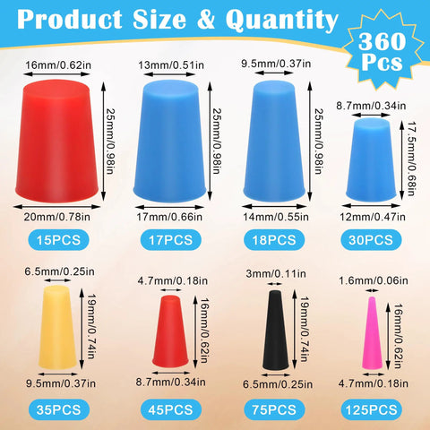 Pro Grade 360 Piece Silicone Rubber Tapered Plugs Set In Eight Sizes From One Sixteenth To Five Eighths Inch For Hole Sealing