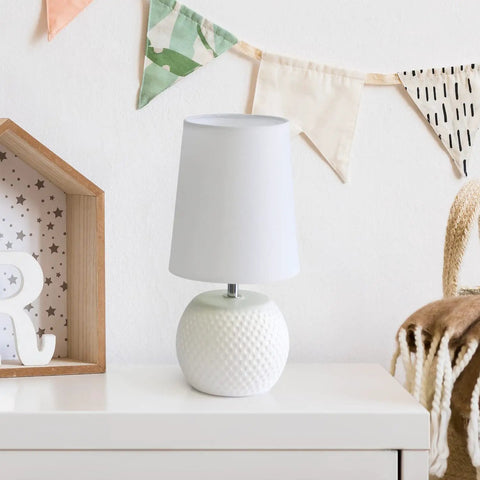 White Ceramic Bedside Lamp With Pink Dotted Texture Shade on dorm nightstand, modern glow for bedroom or dorm spaces