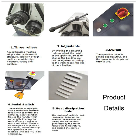 Top Shelf Electric Round Bending Machine Featuring Reversible Foot Pedal Control And Vertically Adjustable Upper Roll For Smooth Ring Forming, showing adjustable upper roll and foot switch.