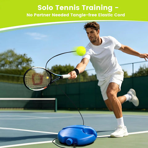 Man using Solo Tennis Practice Kit With Rebounder Ball Set And 3 Training Balls Wristband And Mesh Bag Portable Indoor Outdoor Tennis Trainer