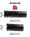 48 Piece One Quarter Inch Drive Impact Socket Set With SAE And Metric Sizes 3/16 To 9/16 Inch 4mm To 15mm Standard And Deep Cr Mo Alloy
