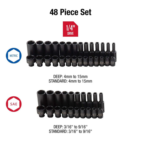 48 Piece One Quarter Inch Drive Impact Socket Set With SAE And Metric Sizes 3/16 To 9/16 Inch 4mm To 15mm Standard And Deep Cr Mo Alloy