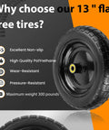 Thirteen Inch Flat Free Wheels Replacement for Garden Carts and Hand Trucks Four Point Zero Zero To Six Solid Tires With Five Eighth Inch Bearings