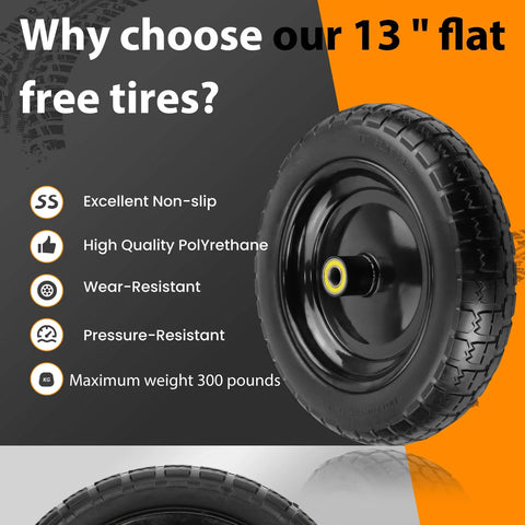 Thirteen Inch Flat Free Wheels Replacement for Garden Carts and Hand Trucks Four Point Zero Zero To Six Solid Tires With Five Eighth Inch Bearings