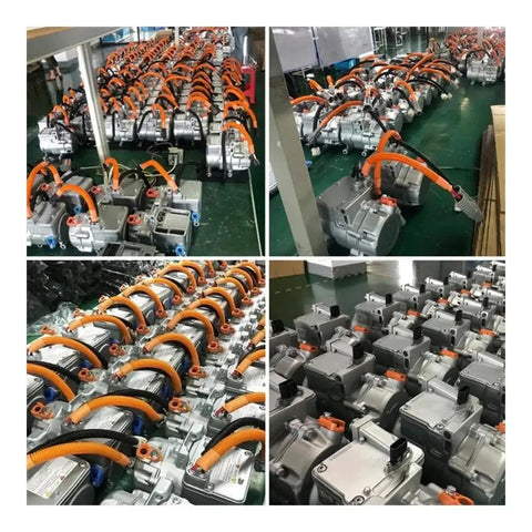 Universal DC Electric AC Compressor With 18cc Displacement And Flexible Voltage Options on assembly line, aluminum body, orange hoses