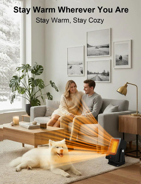 Indoor Space Heater For Desktop Use Fast 2 Second Heating PTC Ceramic Compact Personal Electric Heater warming living room with couple and dog