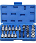 34 Pc Pro Torx Star Socket And Bit Set With Male And Female Security Bits Drive Hand Tool Kit For Heavy Duty Auto Repair And Tough Bolt Loosening Tasks, blue case open