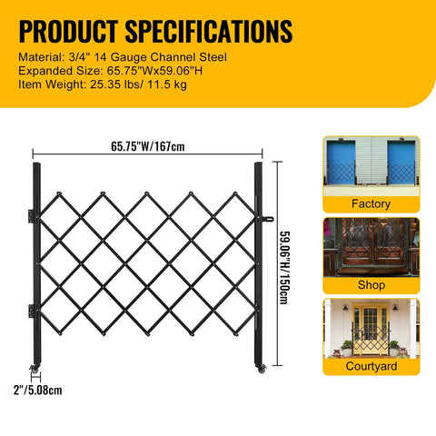 Heavy Duty Steel Frame Folding Security Gate With Smooth Ride Casters And Locks Solid Scissor Shield For Home Or Office Fortify Entrance In Durable Black dimensions and specifications displayed