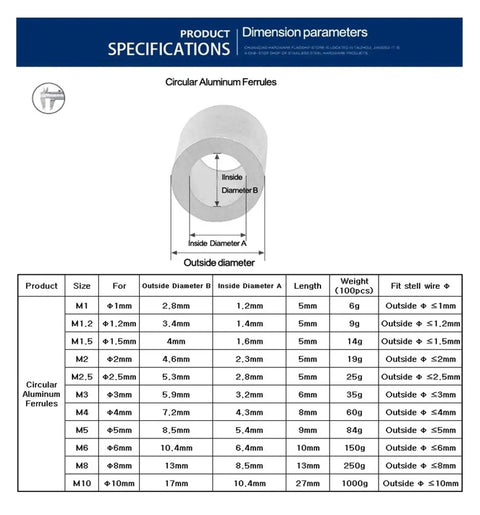 Knockout Performance Aluminum Crimping Loop Sleeve Wire Rope Ferrule Cable Tie Kit specifications chart with dimensions and weights.