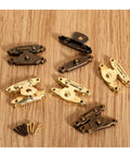 10 Piece Hasp Latch Set For Wooden Storage Boxes Jewelry Chests And Suitcases With Antique Bronze Silvery Finish on wood surface