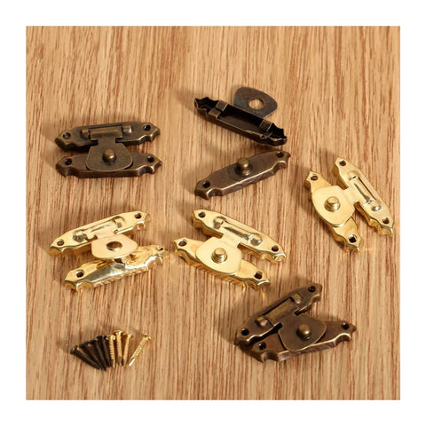 10 Piece Hasp Latch Set For Wooden Storage Boxes Jewelry Chests And Suitcases With Antique Bronze Silvery Finish on wood surface