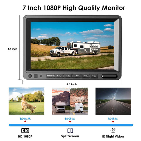 Wireless Backup Camera System Kit With Dual 7 Inch LCD Split Monitor for RV Truck Bus Camper showing clear daylight view