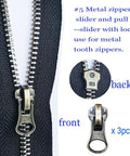 Front and back view of a #5 metal zipper pull with lock, part of the 12 Pack Zipper Pull Replacement Kit Size 5 With Locking Sliders.