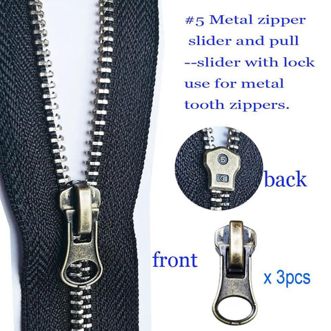 Front and back view of a #5 metal zipper pull with lock, part of the 12 Pack Zipper Pull Replacement Kit Size 5 With Locking Sliders.