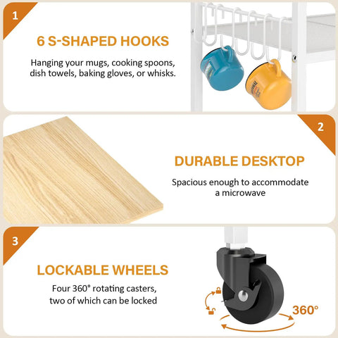 Super Smooth Rollin 4 Tier Microwave Cart With Gotta Have Storage For Coffee Bar Printer Stand Or Kitchen Counter Easy Glide Wheels showing six hooks, a wooden top, and lockable wheels.