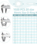 1020-Piece O Ring Kit With Case And Labels For Auto Plumbing And Air Gas Sealing, All In One 20 Metric Sizes From 1mm To 25mm ID, Multiple Thicknesses Including 1mm, 2mm, 2.4mm, 2.5mm, 3mm, Nitrile Rubber, Fuel And Oil Resistant, High Temp. size chart with caliper measurements