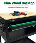 Rolling Tool Cart With 3-Tier Workshop Storage, Black Metal Frame And Wooden Top Workbench with tools on top
