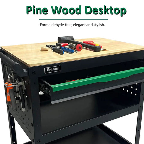 Rolling Tool Cart With 3-Tier Workshop Storage, Black Metal Frame And Wooden Top Workbench with tools on top