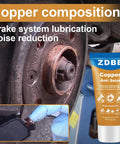 Copper anti-seize lubricant for high-temp automotive use shown on brake system with noise reduction benefits.