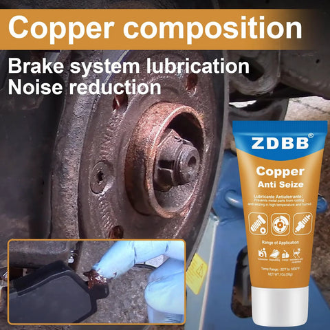 Copper anti-seize lubricant for high-temp automotive use shown on brake system with noise reduction benefits.