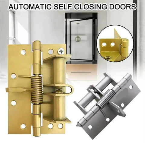 90 Degree Right Angle Door Closer Kit with Silent Auto Close in silver and gold finish showing hinge mechanism.
