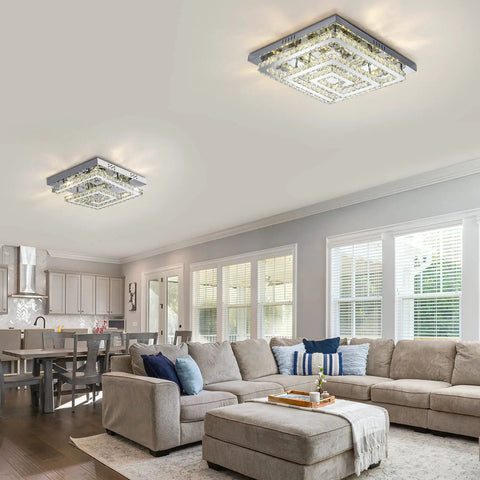 Modern Crystal Chandelier 16 Inch, Adjustable LED Lighting With 3 Color Temperatures, installed in a living room