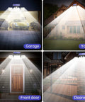 Solar Outdoor Motion Sensor Lights With 280 LED Waterproof IP65 Garden Flood Lights illuminating garage, yard, front door, and doorway.