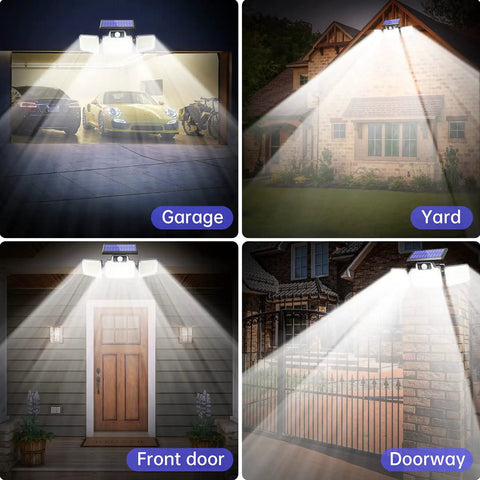 Solar Outdoor Motion Sensor Lights With 280 LED Waterproof IP65 Garden Flood Lights illuminating garage, yard, front door, and doorway.