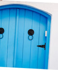 OUNONA heavy-duty extended T-shape hinge for wood gates, black metal, mounted on blue wooden door.