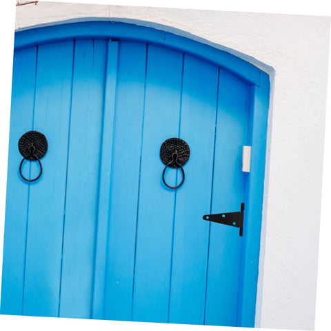 OUNONA heavy-duty extended T-shape hinge for wood gates, black metal, mounted on blue wooden door.
