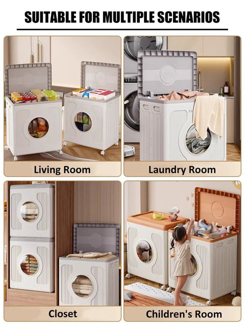 Super Roomy Foldable Storage Bin With Secure Lid And Smooth Rolling Wheels Heavy Duty Plastic Closet Organizer 160 Liter in various rooms.