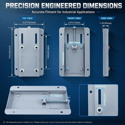 Electric Motor Base Mount Slide Plate For 56 Frame Belt Tension Adjuster With Integrated Roll Tracks dimensions image, 2.96 x 4.85 inch.