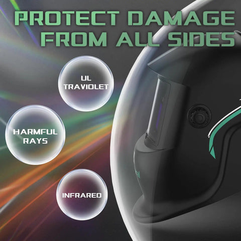 Auto Darkening Welding Helmet With Pro Grade True Color View Solar Powered Large Viewing Screen Shade Four To Thirteen For TIG MIG Arc Welding High Clarity Weld Hood For Pros And Weekend Warriors side view with protective features text.