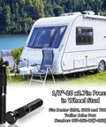 Product image showing six pack press in wheel studs for Dexter trailer hubs on 5200 to 7000 lb axles with caravan in background.