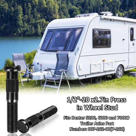 Product image showing six pack press in wheel studs for Dexter trailer hubs on 5200 to 7000 lb axles with caravan in background.