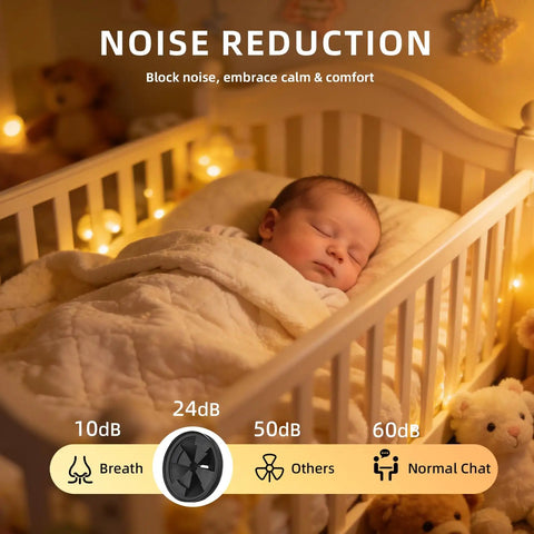 Sleeping baby in crib with noise reduction, soft lighting, and teddy bears around for comfort