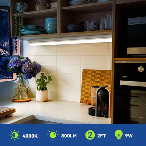 Linkable LED T5 Under Cabinet And Closet Light Bar 2Ft 9W 800 Lumens 4000K Daylight White illuminating kitchen counter