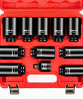 Half Inch Drive Deep Impact Socket Set Eleven Piece Jumbo Metric Six Point Sockets For Axle Nut And Wheel in red case