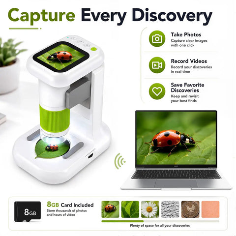 2 in 1 Digital Microscope for Kids, Handheld and Desktop STEM Toy for Exploring Leaves, Bugs, Coins, Fabrics, and More at Home, School, or Outdoors, Awesome for Curious Minds, white and green