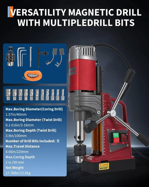 Heavy Duty Portable Magnetic Drill Press With 11 Coring Bits And Adapter, 1.57 Inch Bore, 1450 Watt Motor, showing technical specifications and included bits.