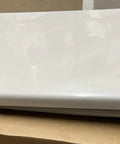 Slick Pillow Talk Toilet Seat In Clean Ice Grey featuring smooth soft close hinges and top loading mount on packaging.