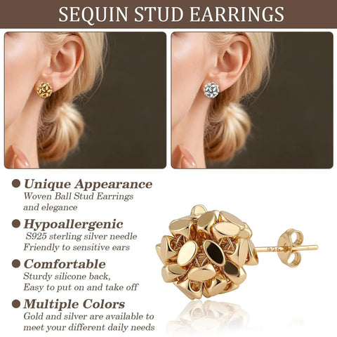 Sparkly Sequin Ball Stud Earrings For Women With 14K Gold Plated Sterling Silver Posts Delicate Woven Hollow Sphere Design That Reflects Light From Every Angle For Everyday Glam, gold pair