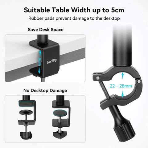 Rubber-padded C clamp for Desk Mount Camera Stand With Magic Arm And One Quarter Inch Ball Head Adjustable 13-35 Inch Light Stand